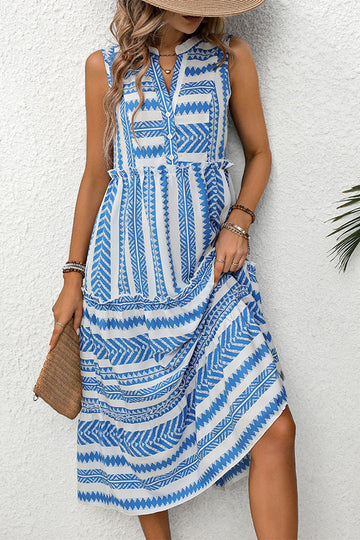 White and Blue Printed A Line V Neck Ruffled Midi Summer Dress